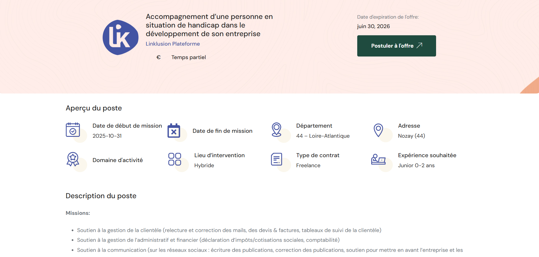 Capture tutoriel entreprises plateforme de Linklusion_offres de missions