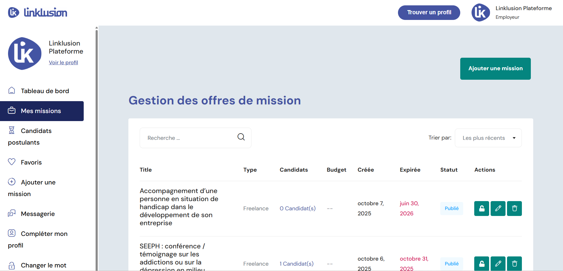 Capture tutoriel entreprises plateforme de Linklusion_gestion des offres de missions