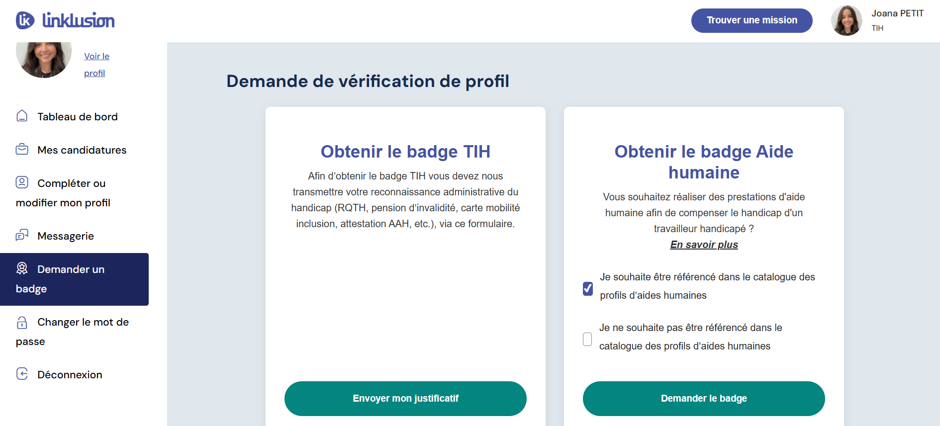 obtenir un badge TIH sur la plateforme Linklusion