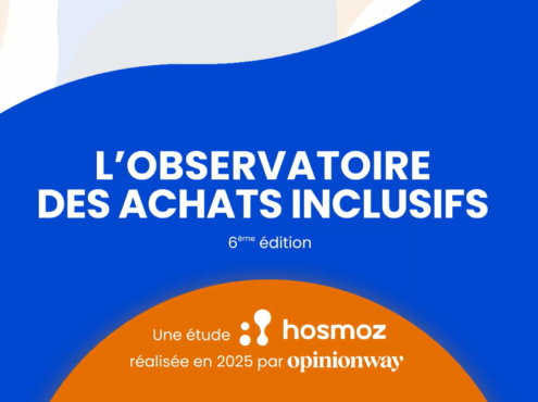 Image avec texte suivant : L'observatoire des achats inclusifs. 6ème édition. Une étude Hosmoz réalisée en 2025 par opinionway