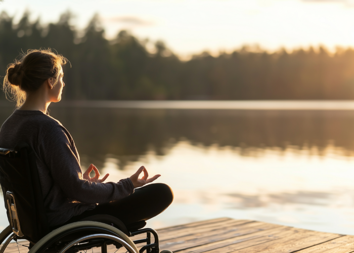 Image avec une femme assise dans un fauteuil roulant devant un lac.