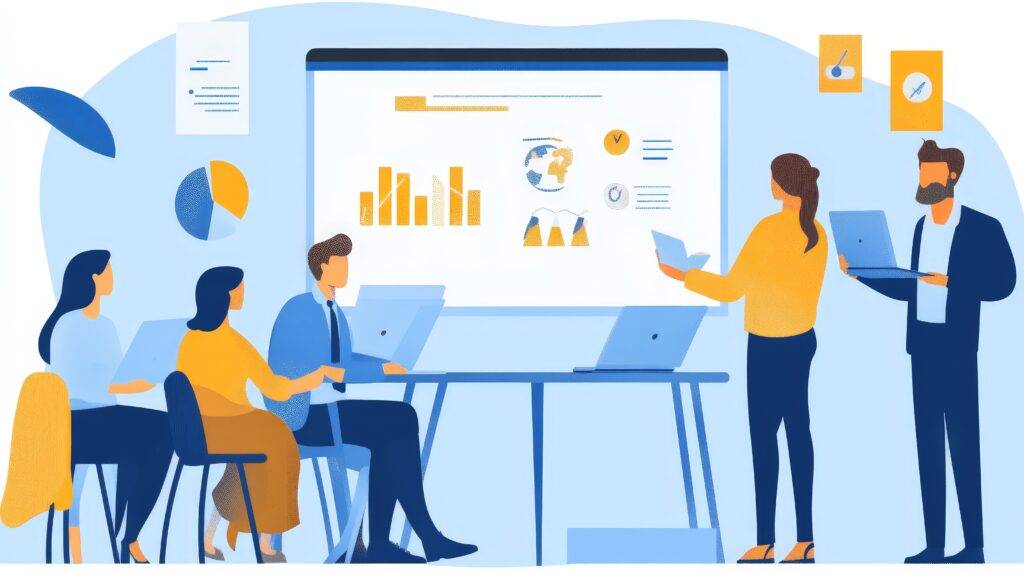 Illustration qui représente un groupe d'entrepreneurs travaillant ensemble sur un document professionnel.