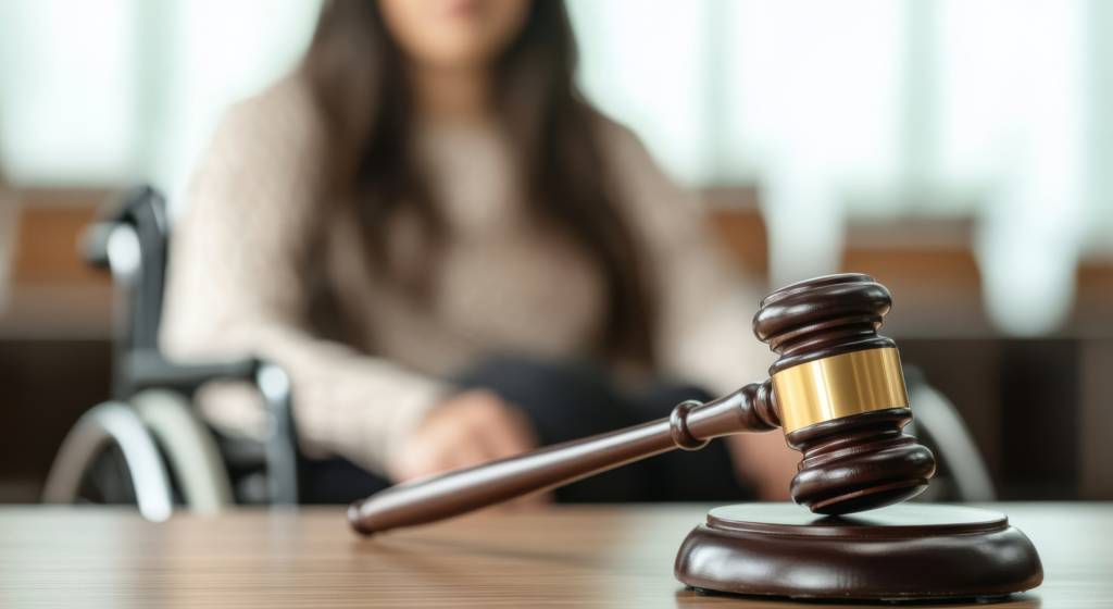 Image avec un marteau de la justice et en fond une femme dans un fauteuil roulant