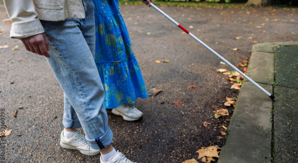 Image avec Bas du corps de deux personnes, une canne blanche et un trottoir