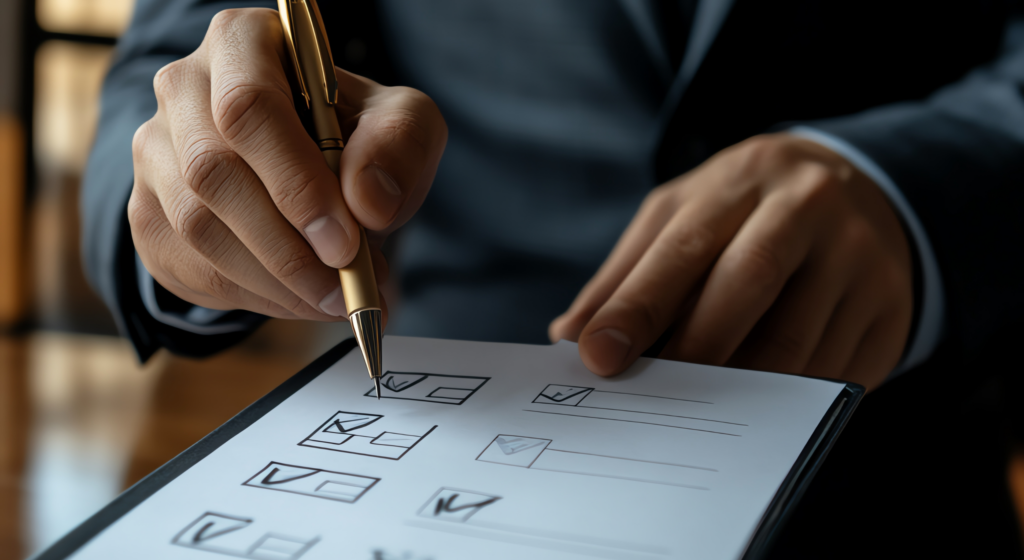 Mains qui remplissent un document papier au stylo.